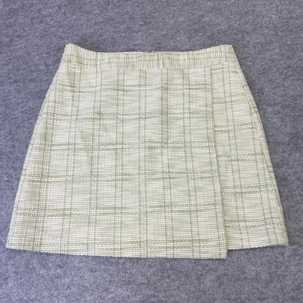 NEW LOFT Outlet Green White Plaid Tweed Mini Skirt Size 8 Boucle Wrap Style